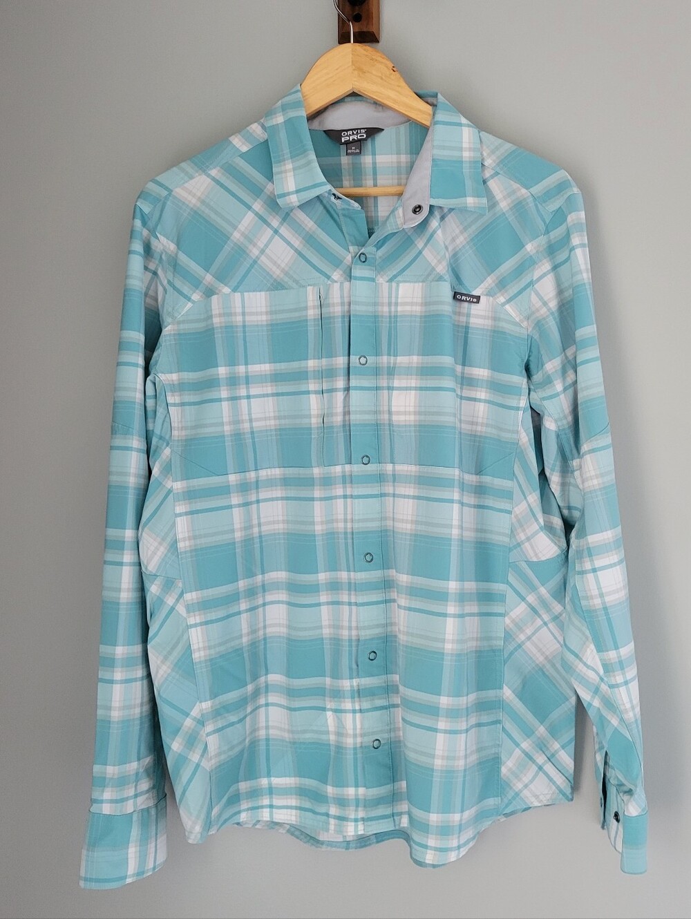 Orvis Pro Stretch Long Sleeve Snap Shirt Size M Blue Plaid Fishing